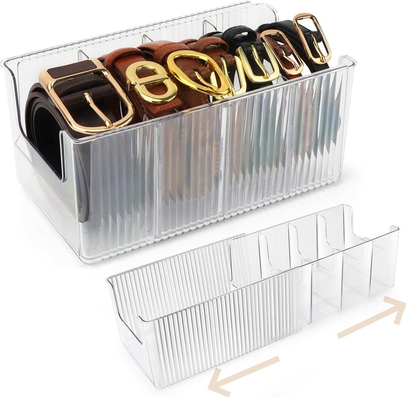 AUOIKK Clear Belt Organizer, Extendable Acrylic Belt Storage Holder with Adjustable Dividers, Belts Storage Container for Drawer and Closet Organization - Image 1